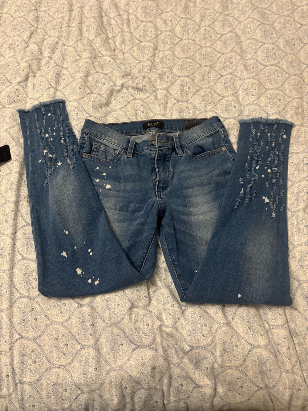 Buffalo David Bitton Mid-Blue Distressed Skinny Jeans with Paint Splatter